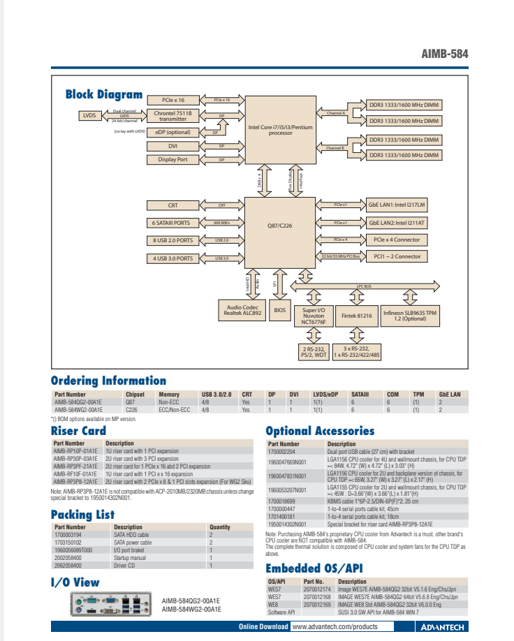 研華 MicroATX 主板 / AIMB-584 /Intel?Xeon?E3/Core? i7/i5/i3 LGA1150 