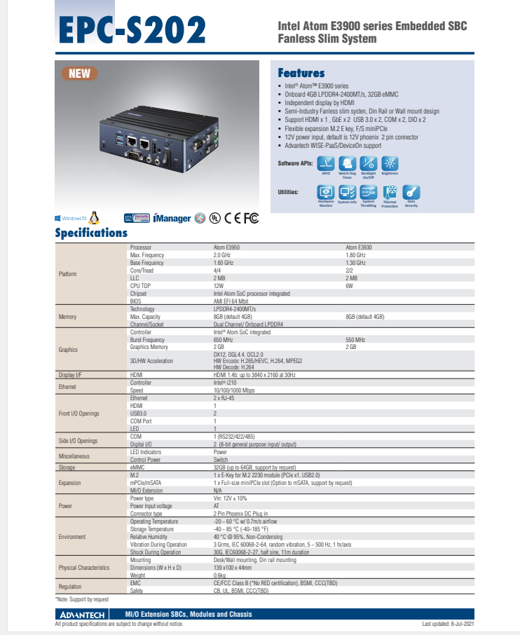 研華嵌入式工控機EPC-S202 Intel? Atom? E3900 series Embedded SBC Fanless Slim System