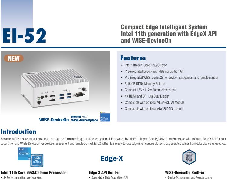 研華EI-52 研華EI-52，邊緣計(jì)算系統(tǒng)，支持 Intel 11th gen CPU，可選 Core i5 /i3 /Celeron 處理器，具備豐富擴(kuò)展接口 2 x LAN，2 x COM，6 x USB等，內(nèi)部可以通過 miniPCIe 或 M.2 擴(kuò)展AI加速卡實(shí)現(xiàn)工業(yè)AI機(jī)器視覺，搭載5G通訊模塊。