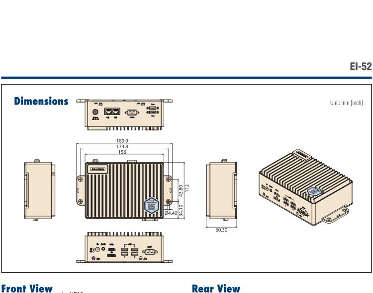 研華EI-52 研華EI-52，邊緣計(jì)算系統(tǒng)，支持 Intel 11th gen CPU，可選 Core i5 /i3 /Celeron 處理器，具備豐富擴(kuò)展接口 2 x LAN，2 x COM，6 x USB等，內(nèi)部可以通過 miniPCIe 或 M.2 擴(kuò)展AI加速卡實(shí)現(xiàn)工業(yè)AI機(jī)器視覺，搭載5G通訊模塊。