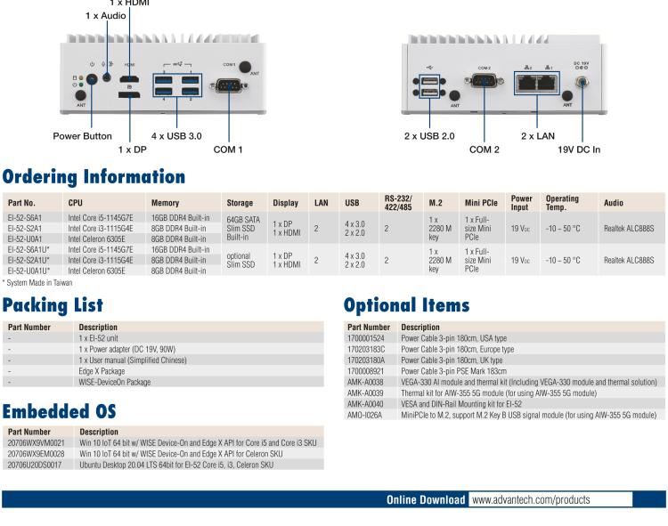 研華EI-52 研華EI-52，邊緣計(jì)算系統(tǒng)，支持 Intel 11th gen CPU，可選 Core i5 /i3 /Celeron 處理器，具備豐富擴(kuò)展接口 2 x LAN，2 x COM，6 x USB等，內(nèi)部可以通過 miniPCIe 或 M.2 擴(kuò)展AI加速卡實(shí)現(xiàn)工業(yè)AI機(jī)器視覺，搭載5G通訊模塊。