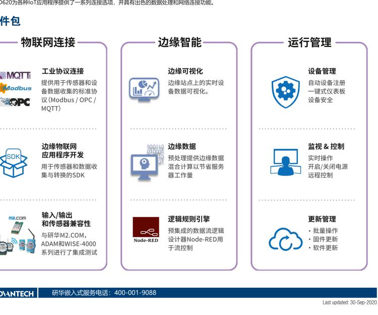 研華EIS-D620 研華EIS-D620，邊緣計算系統(tǒng)網(wǎng)關(guān)，基于Rockchip RK3399處理器，板載2GB內(nèi)存，16GB eMMC 存儲，低功耗邊緣智能設(shè)備，具備豐富擴展接口 2 x LAN，1 x COM，1 x USB，2 x HDMI等，體積非常小巧，適用于邊緣設(shè)備控制及數(shù)據(jù)采集等應(yīng)用場景。