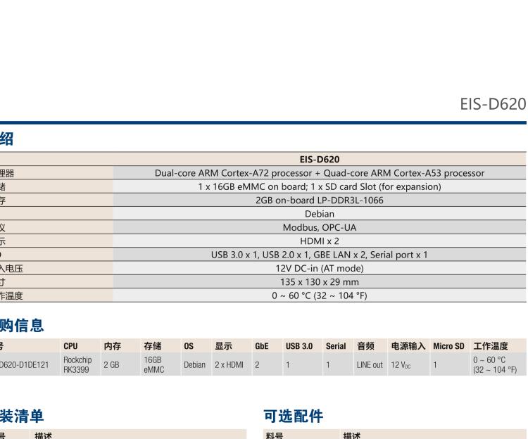 研華EIS-D620 研華EIS-D620，邊緣計算系統(tǒng)網(wǎng)關(guān)，基于Rockchip RK3399處理器，板載2GB內(nèi)存，16GB eMMC 存儲，低功耗邊緣智能設(shè)備，具備豐富擴展接口 2 x LAN，1 x COM，1 x USB，2 x HDMI等，體積非常小巧，適用于邊緣設(shè)備控制及數(shù)據(jù)采集等應(yīng)用場景。