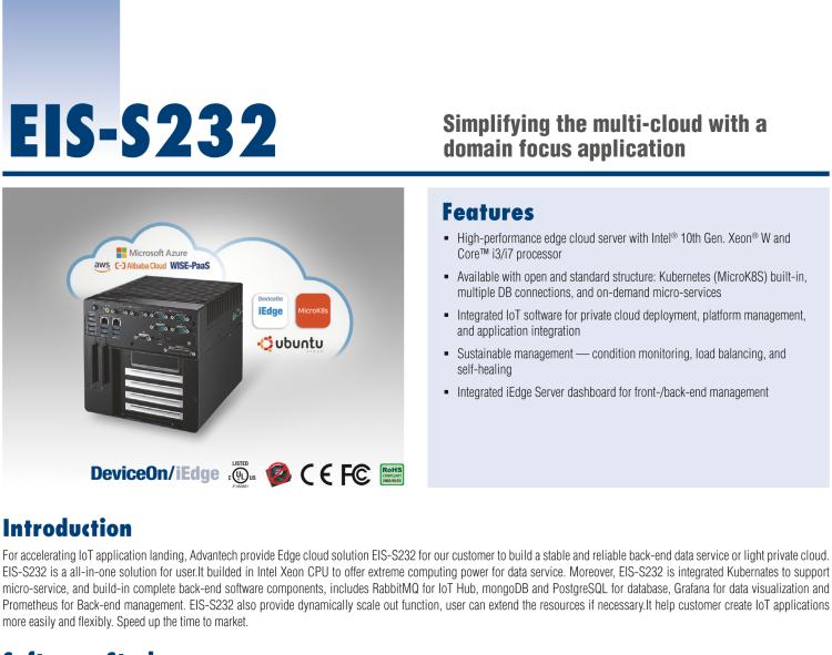 研華EIS-S232 研華 EIS-S232，邊緣計(jì)算系統(tǒng)服務(wù)器，支持Intel 第十代處理器，可選i3/i5/i7 Xeon CPU，DDR4 最高32GB，最多可支持4 x 2.5寸硬盤，具備豐富擴(kuò)展接口 2 x LAN，6 x COM，8 x USB，1 x PCIE，2 x PCI。產(chǎn)品生命周期長，穩(wěn)定可靠。