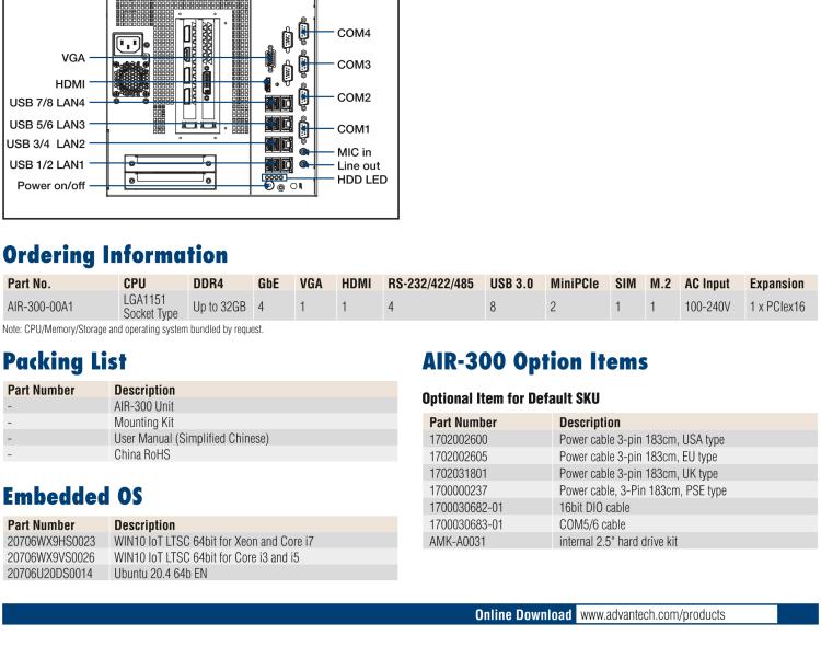 研華AIR-300 支持Intel Xeon / 6/7代Core?i3/i5/i7處理器，AI計(jì)算平臺(tái)，可擴(kuò)展 PCIe x16 GPU全尺寸卡