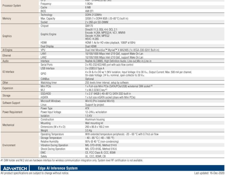 研華AIR-200 基于Intel Core i5-6442EQ處理器，AI計(jì)算平臺(tái)，內(nèi)置Myriad X VPU * 2