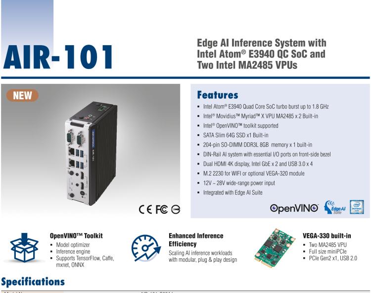 研華AIR-101 基于Intel Atom E3940處理器，AI計(jì)算平臺(tái)，內(nèi)置Myriad X VPU * 2