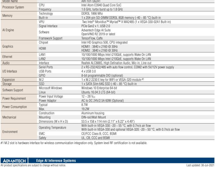 研華AIR-101 基于Intel Atom E3940處理器，AI計(jì)算平臺(tái)，內(nèi)置Myriad X VPU * 2