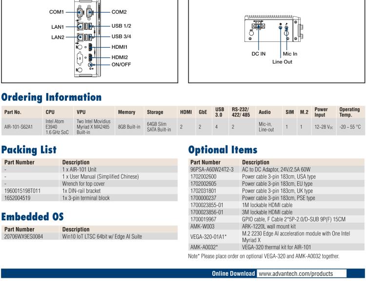 研華AIR-101 基于Intel Atom E3940處理器，AI計(jì)算平臺(tái)，內(nèi)置Myriad X VPU * 2