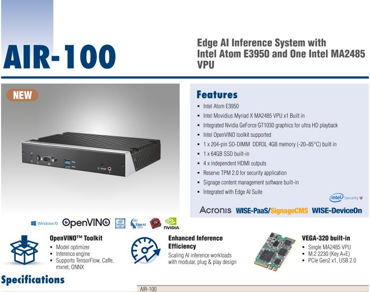 研華AIR-100 基于Intel Atom E3950處理器，AI計算平臺，內(nèi)置Myriad X VPU * 1