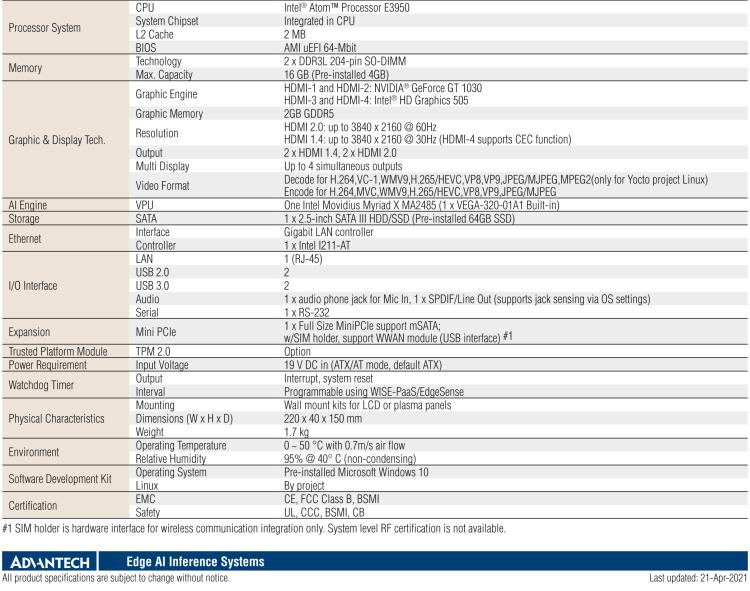 研華AIR-100 基于Intel Atom E3950處理器，AI計算平臺，內(nèi)置Myriad X VPU * 1