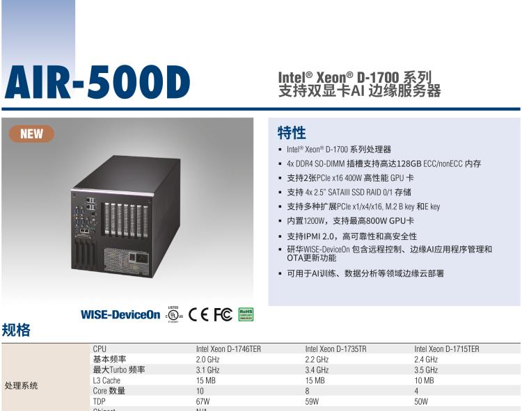 研華AIR-500D Intel Xeon D-1700 系列高性能AI邊緣服務器