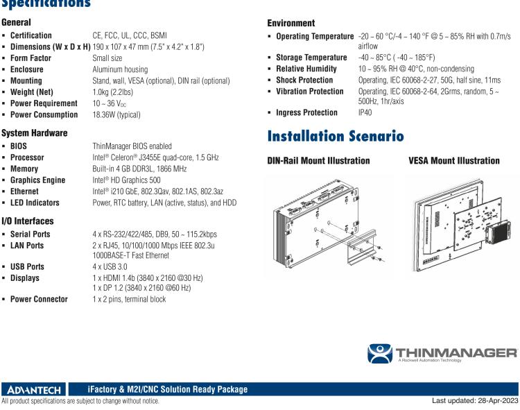 研華ESRP-CMS-UNO2372 ThinManager Ready Small-Size Embedded Thin Client with Intel? Celeron? J3455