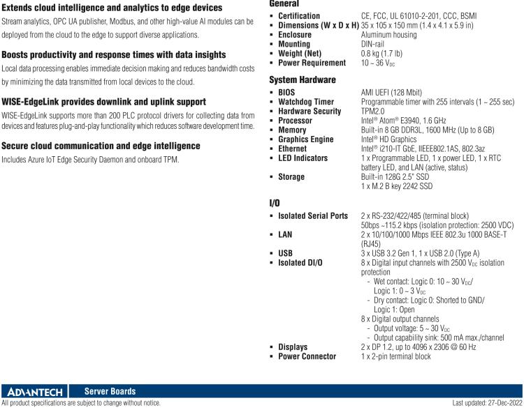 研華ESRP-CSS-UNO137 Intel? Atom? E3940 Small-Size Integrated DIN-Rail IPC with Azure IoT Edge and WISE-EdgeLink