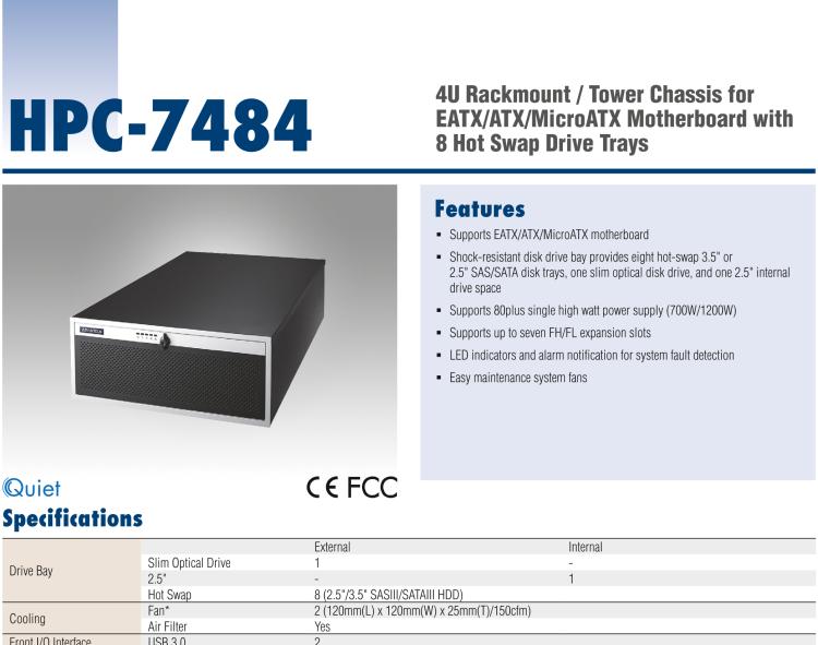 研華HPC-7484 4U Rackmount / Tower Chassis for EATX/ATX/MicroATX Motherboard with 8 Hot Swap Drive Trays