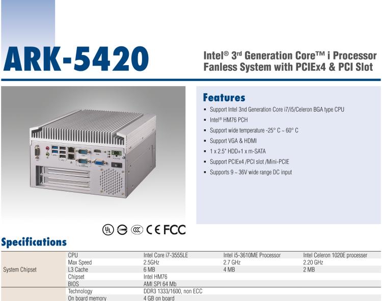 研華ARK-5420 Intel? 第三代 Core? i 處理器無風(fēng)扇嵌入式工控機，支持 PCIEx4 & PCI