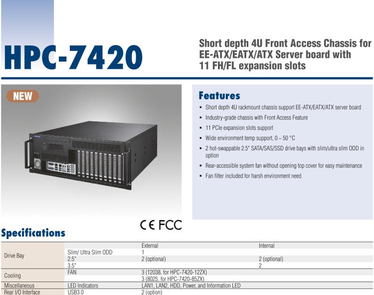 研華HPC-7420 用于EE-ATX/EATX/ATX主板的4U 短深度服務(wù)器機(jī)箱，帶有11個(gè)FH/FL擴(kuò)展插槽