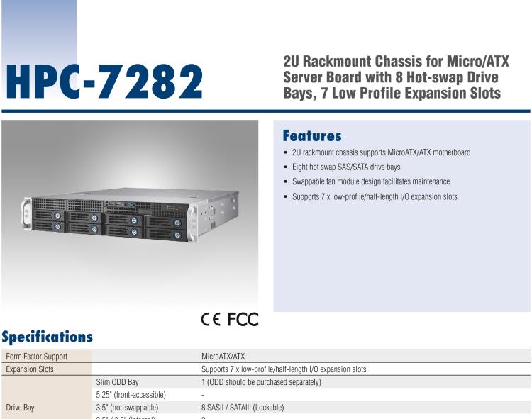 研華HPC-7282 2U 機(jī)架式機(jī)箱，適用于 Micro/ATX 服務(wù)器主板，支持8個(gè)2.5寸/3.5寸熱插拔硬盤，7個(gè)半高擴(kuò)展槽