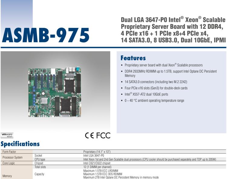 研華ASMB-975 雙路LGA3647-P0 Intel? Xeon? Scalable 服務(wù)器主板，帶12個(gè) DDR4, 4個(gè) PCIe x16 + 1個(gè) PCIe x8 + 4 個(gè)PCIx4, 14 個(gè) SATA3, 8 個(gè)USB3.0, Dual 10GbE, IPMI