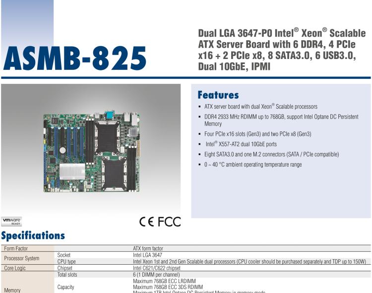 研華ASMB-825 雙路LGA 3647-P0 Intel? Xeon? Scalable ATX 服務(wù)器主板，帶6 個(gè)DDR4, 4 PCIe x16 和 2 個(gè) PCIe x8, 8 個(gè)SATA3, 6 個(gè)USB3.0, Dual 10GbE, IPMI