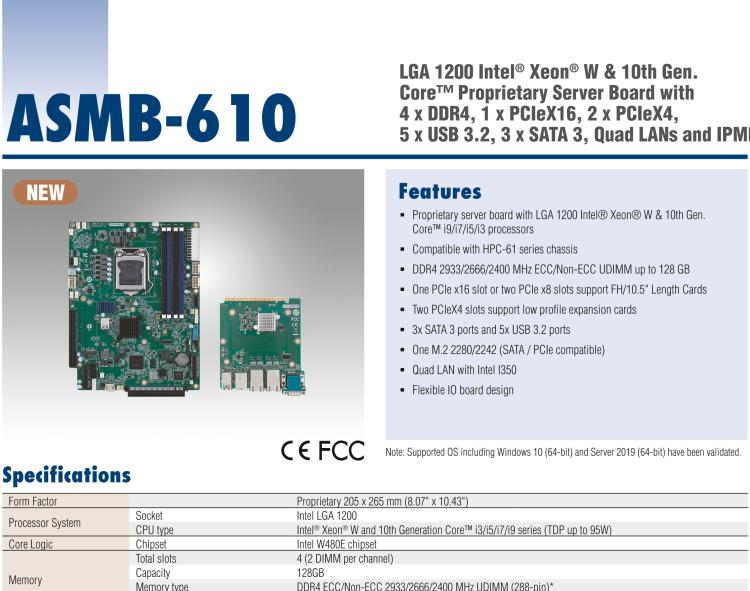 研華ASMB-610 LGA 1200 Intel? Xeon? W & 第十代 Core?專用服務器主板，帶4 x DDR4, 1 x PCIeX16, 2 x PCIeX4, 5 x USB 3.2, 3 x SATA 3, Quad LANs and和 IPMI