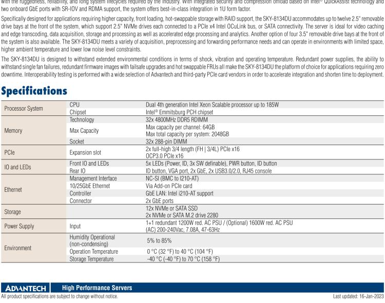 研華SKY-8134DU 1U High Performance Server based on 4th Gen Intel? Xeon? Processor Scalable Family