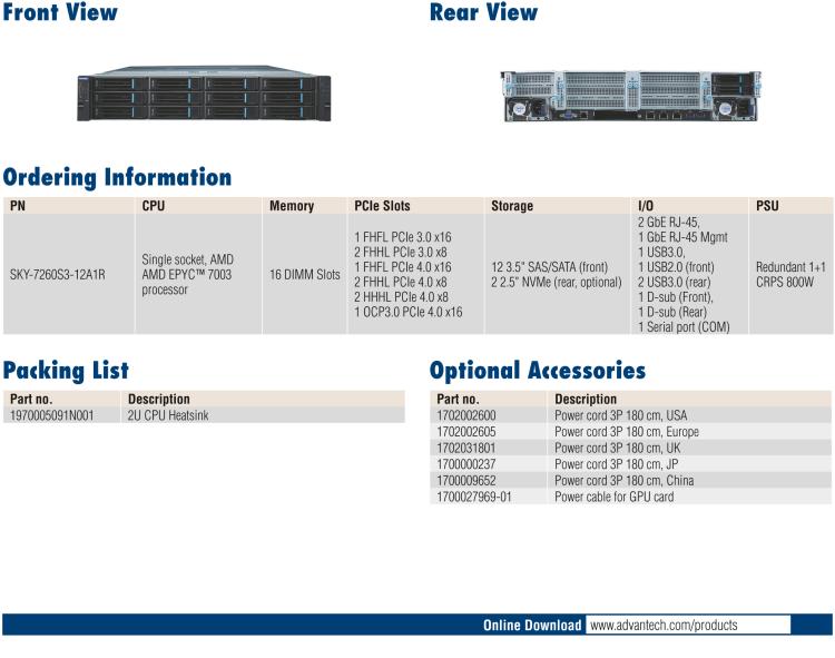 研華SKY-7260S3P 2U 高性能機(jī)架式服務(wù)器 搭載AMD EPYC? 7003 處理器