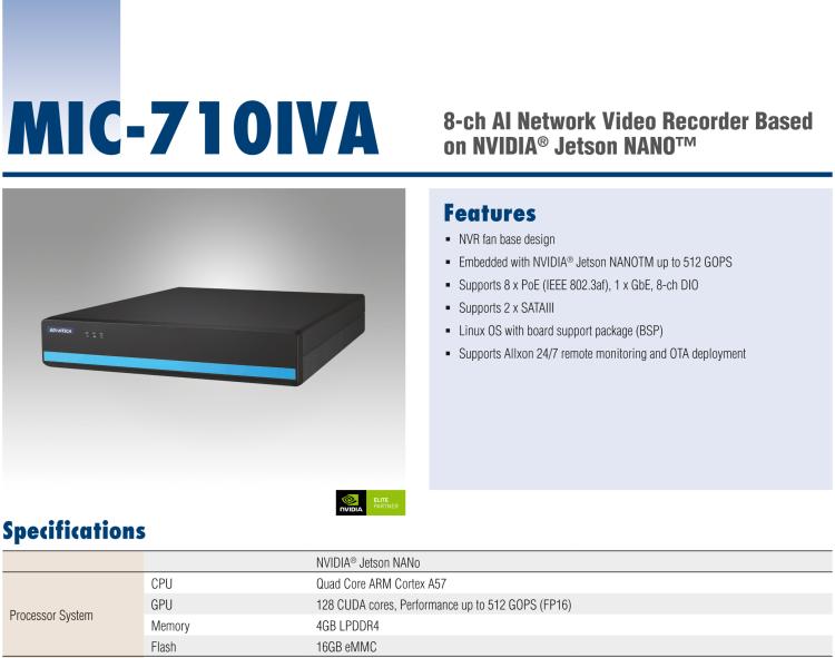 研華MIC-710IVA 基于 NVIDIA? Jetson Nano?平臺(tái)8ch AI網(wǎng)絡(luò)視頻記錄器