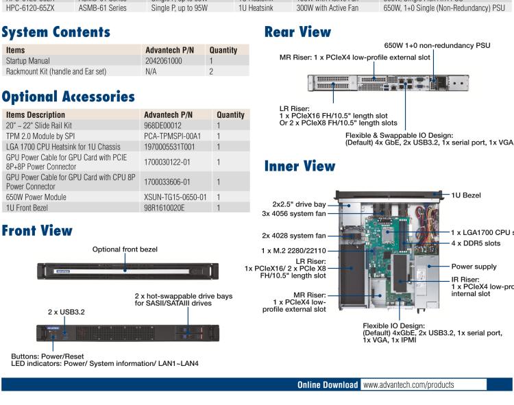 研華HPC-6120+ASMB-610V3 1U 18" Short-Depth Edge Accelerator Server with Intel? 12th & 13th Gen. Core? Processors, Supporting 4 Expansion Slots