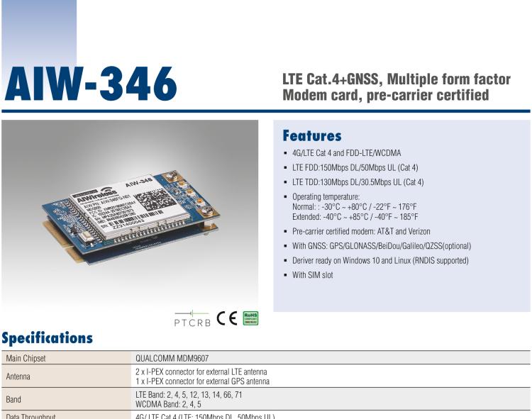 研華AIW-346 預(yù)運(yùn)營(yíng)商認(rèn)證嵌入式4G LTE Cat 4調(diào)制解調(diào)器