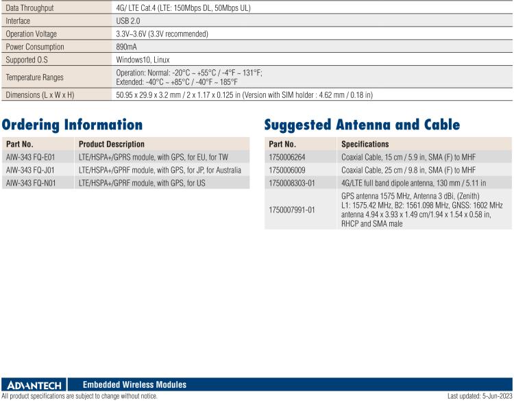 研華AIW-343 4G模組，使用MINI-PCIE規(guī)范接口，支持4G LTE CAT4：TDD LTE/FDD LTE/WCDMA/GSM和GPS。