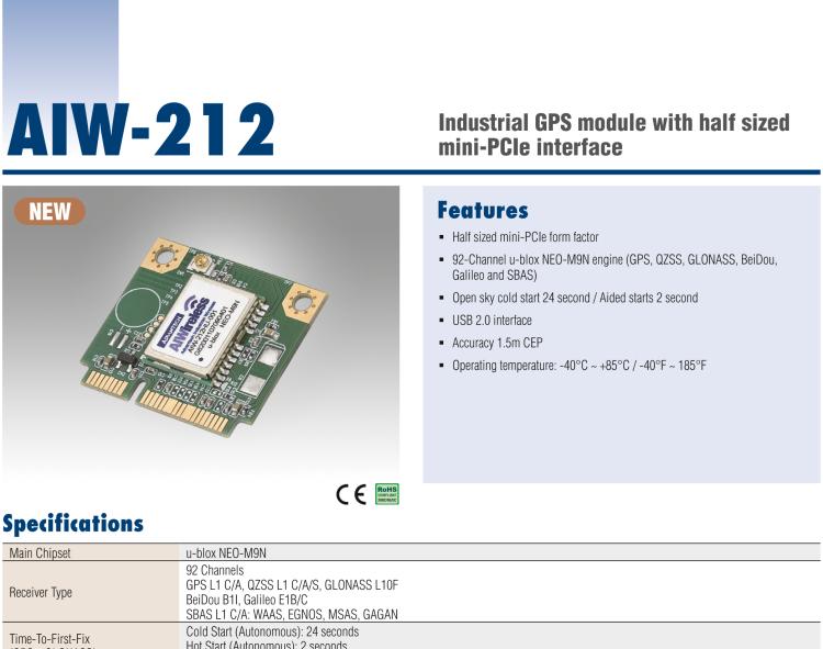 研華AIW-212 工業(yè)級 GNSS（GPS、GLONASS、BeiDou、Galileo、QZSS和SBAS）模塊，半尺寸 mini-PCIe 規(guī)格。