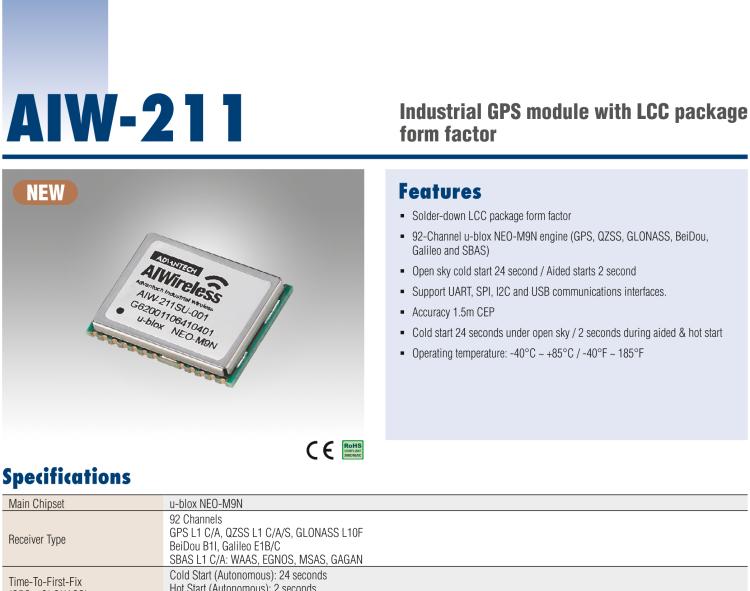 研華AIW-211 帶郵票型接口的工業(yè)級 GNSS（GPS、GLONASS、BeiDou、Galileo、QZSS和SBAS）模塊。