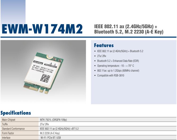 研華EWM-W174M201E IEEE802.11ax (2.4GHz&5GHz) + BT5.2, M.2 2230 AE Key (PCIe-USB)