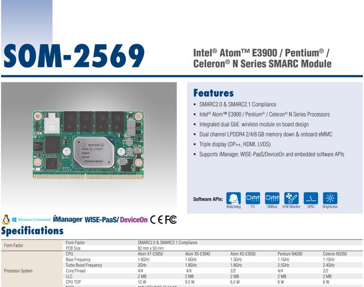 研華SOM-2569 Intel?Pentium?/賽揚(yáng)?N4200系列和Atom系列SMARC模塊