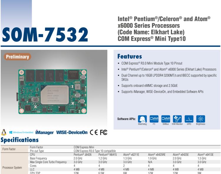 研華SOM-7532 Intel Pentium/Celeron 和 Atom x6000 系列 (Elkhart Lake) 處理器， COM Express Mini Type 10 模塊