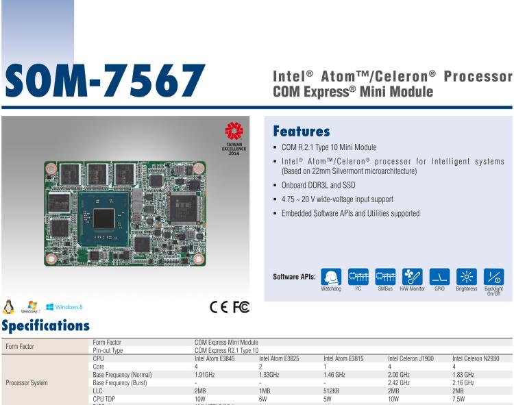 研華SOM-7567 Intel? Atom?/Celeron? 處理器，COM-Express Mini 模塊