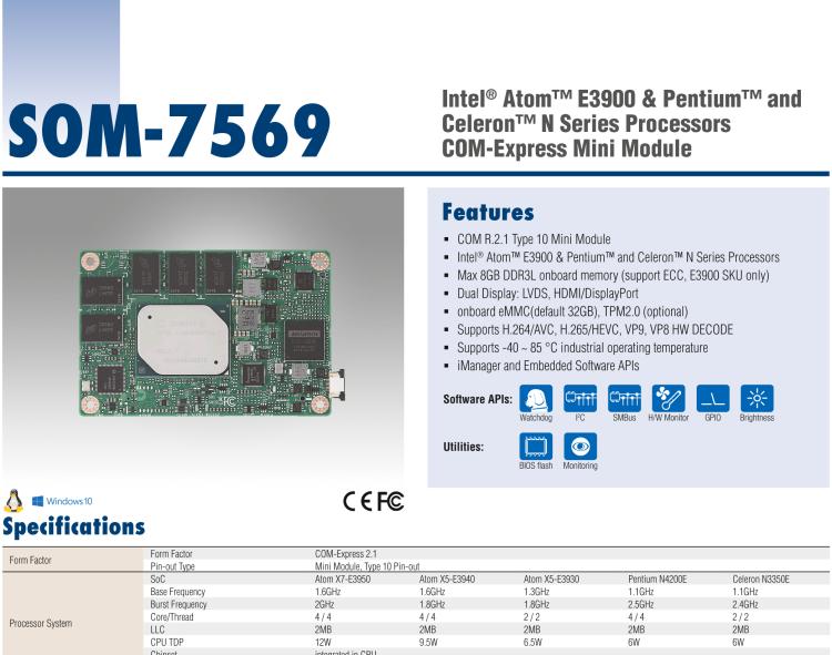 研華SOM-7569 Intel? Atom? E3900 & Pentium? 和 Celeron? N 系列處理器，COM-Express Mini 模塊