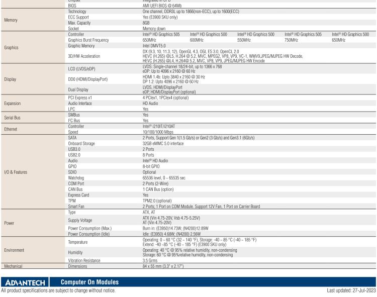 研華SOM-7569 Intel? Atom? E3900 & Pentium? 和 Celeron? N 系列處理器，COM-Express Mini 模塊