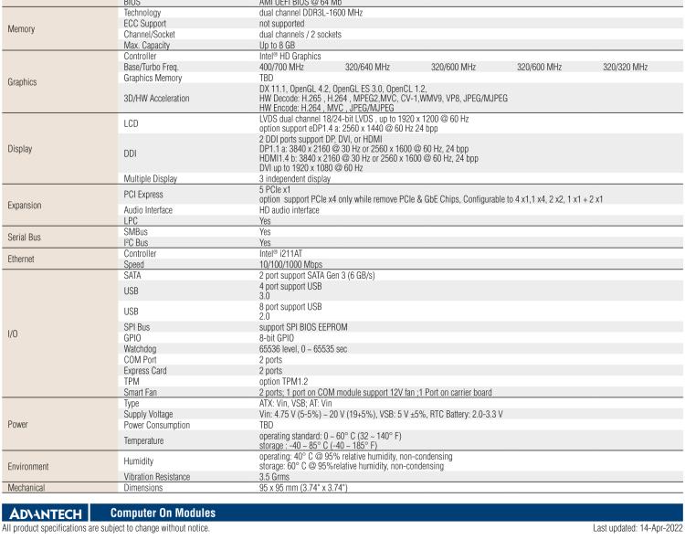 研華SOM-6868 Intel? Pentium?/Celeron? N3000 系列和 Atom ? SoC，COM Express Express Type 6 模塊