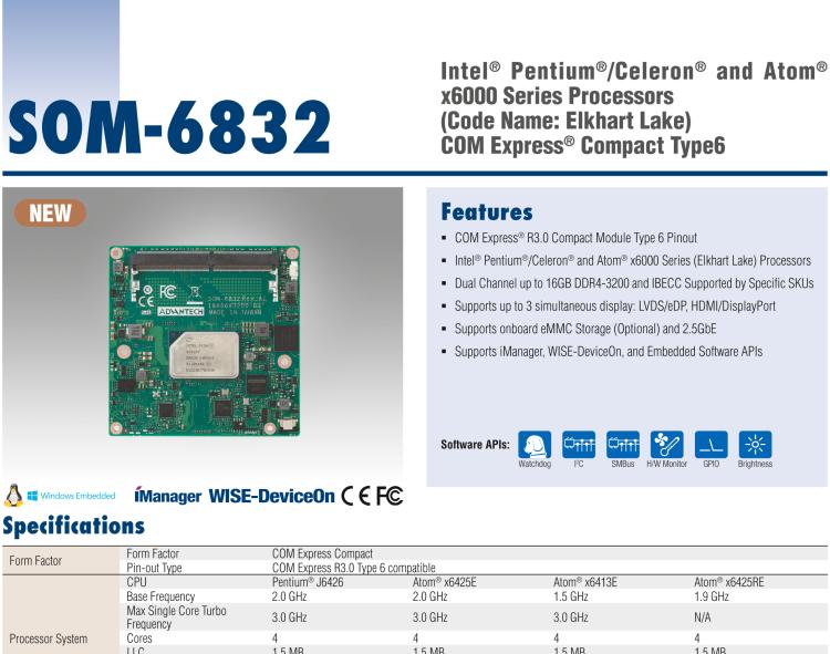 研華SOM-6832 Intel Pentium/Celeron 及 Atom x6000系列（Elkhart Lake）處理器，COM Express? Compact Type 6 模塊