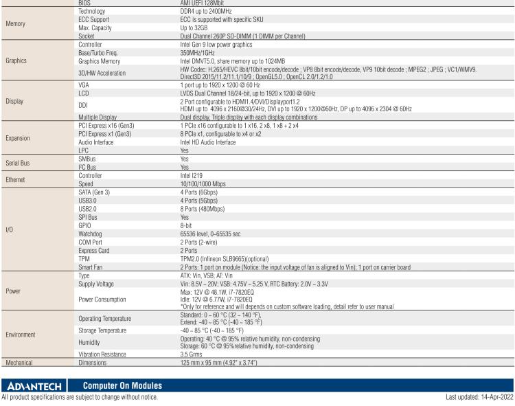 研華SOM-5898 第七代Intel Core/Celeron處理器，COM Express Basic Type 6模塊