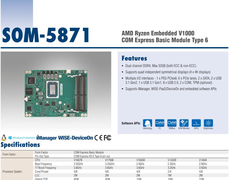 研華SOM-5871 AMD Ryzen 嵌入式 V1000，COM Express Basic Type 6 模塊