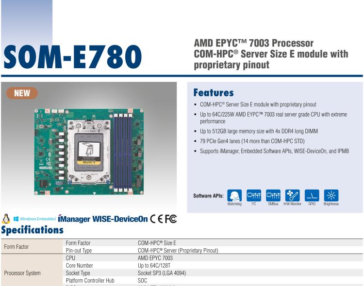 研華SOM-E780 AMD EPYC? 7003 COM-HPC? Server Size E 模塊，具有專有引腳