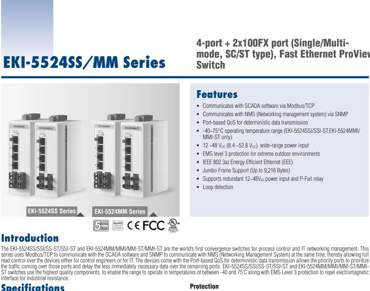 研華EKI-5524MMI-ST 2光4電百兆ProView(組態(tài))系列工業(yè)以太網(wǎng)交換機(jī)(包含單模/多模、SC/ST接口)