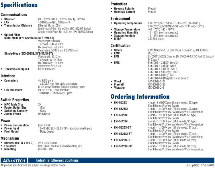 研華EKI-5525MI 1光4電百兆ProView(組態(tài))系列工業(yè)以太網(wǎng)交換機（包含單模/多模、SC/ST接口）