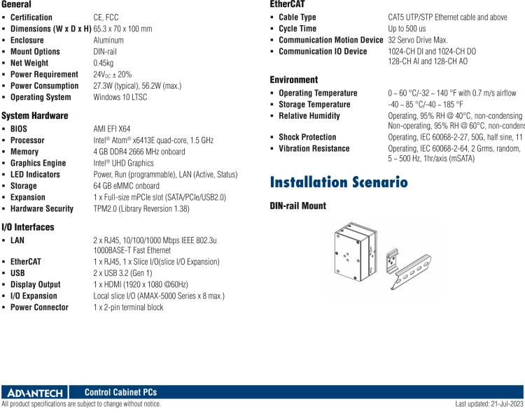 研華AMAX-357 超微型EtherCAT運(yùn)動(dòng)控制器，基于PC架構(gòu)開(kāi)發(fā)，配置了Intel Atom處理器，具有64GB eMMC、2 x LAN、2 x USB和Slice IO擴(kuò)展