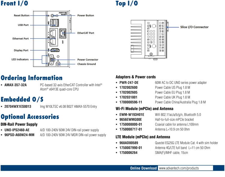 研華AMAX-357 超微型EtherCAT運(yùn)動(dòng)控制器，基于PC架構(gòu)開(kāi)發(fā)，配置了Intel Atom處理器，具有64GB eMMC、2 x LAN、2 x USB和Slice IO擴(kuò)展