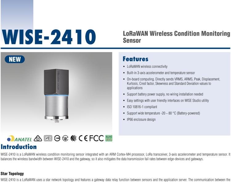 研華WISE-2410 WISE-2410是LoRaWA N無(wú)線振動(dòng)溫度監(jiān)控傳感器，電池使用周期為2年。