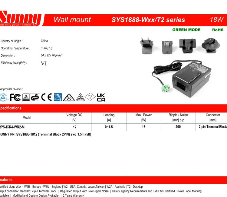 研華RPS-ICR4-WR2-M Wall Power Supply, ICR-44xx, v4, EU, UK, US, AUS